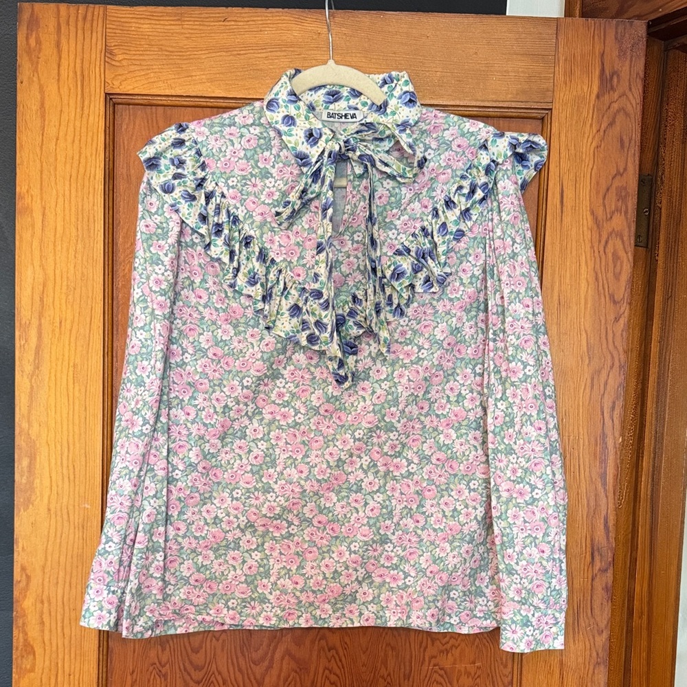 Batsheva Pink and Blue Floral Ruffled Tie-Neck Blouse